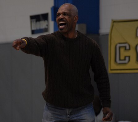 Jimmy Howard, Eglin Eagles basketball coach, points out an opening in his team's defense during the 2010 Southeastern Military Athletic Conference tournament at the Hurlburt Field Aderholt Fitness Center Feb. 27. The Eagles took fourth place in the tournament. (U.S. Air Force photo by Airman 1st Class Joe McFadden)