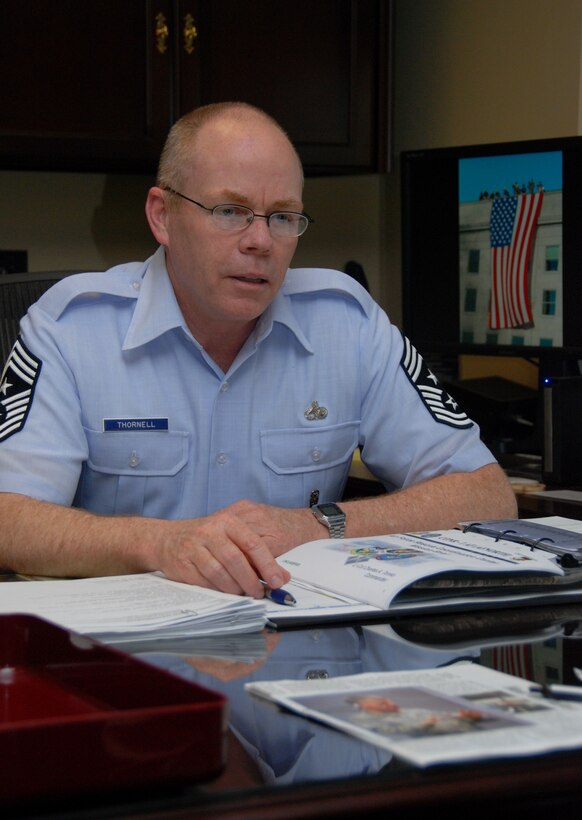 Air Forces Northern Command Chief Master Sergeant Joseph Thornell Sr., discusses the importance of Airman professional development.  (U.S. Air Force photo by Maj. Steve Burke)