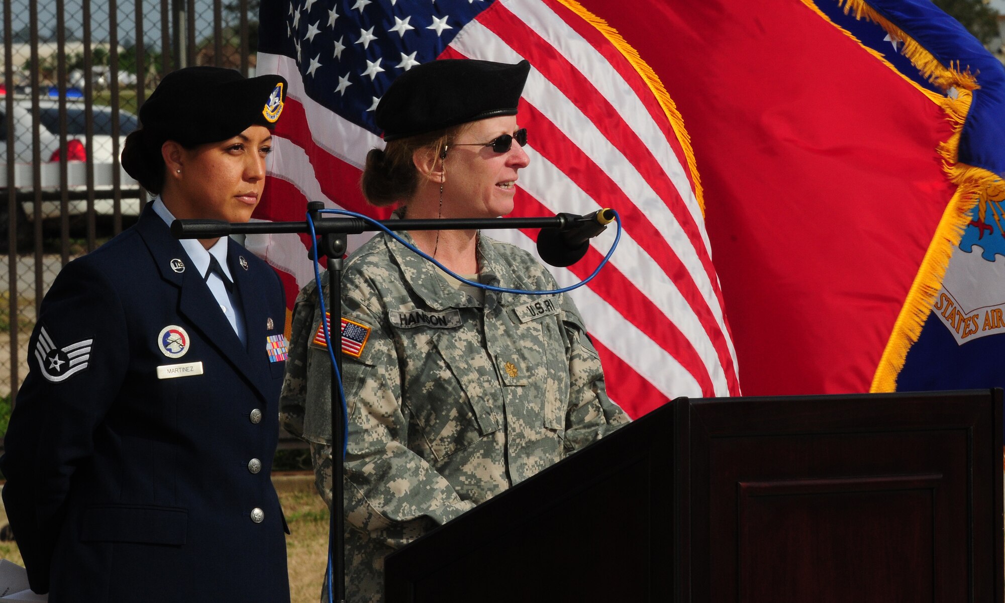Maj. Katheryn Hanson, 39th Medical Group veterinarian, speaks to memorial service attendees about her experiences with Ronnie, a fallen 39th Security Forces Squadron military working dog Thursday, Feb. 25, 2010 at Incirlik Air Base, Turkey. During the ceremony, Ronnie received an Air Force Commendation Medal for his service, and speakers took turns sharing their experiences with the memorable MWD. (U.S. Air Force Photo/Senior Airman Alex Martinez)