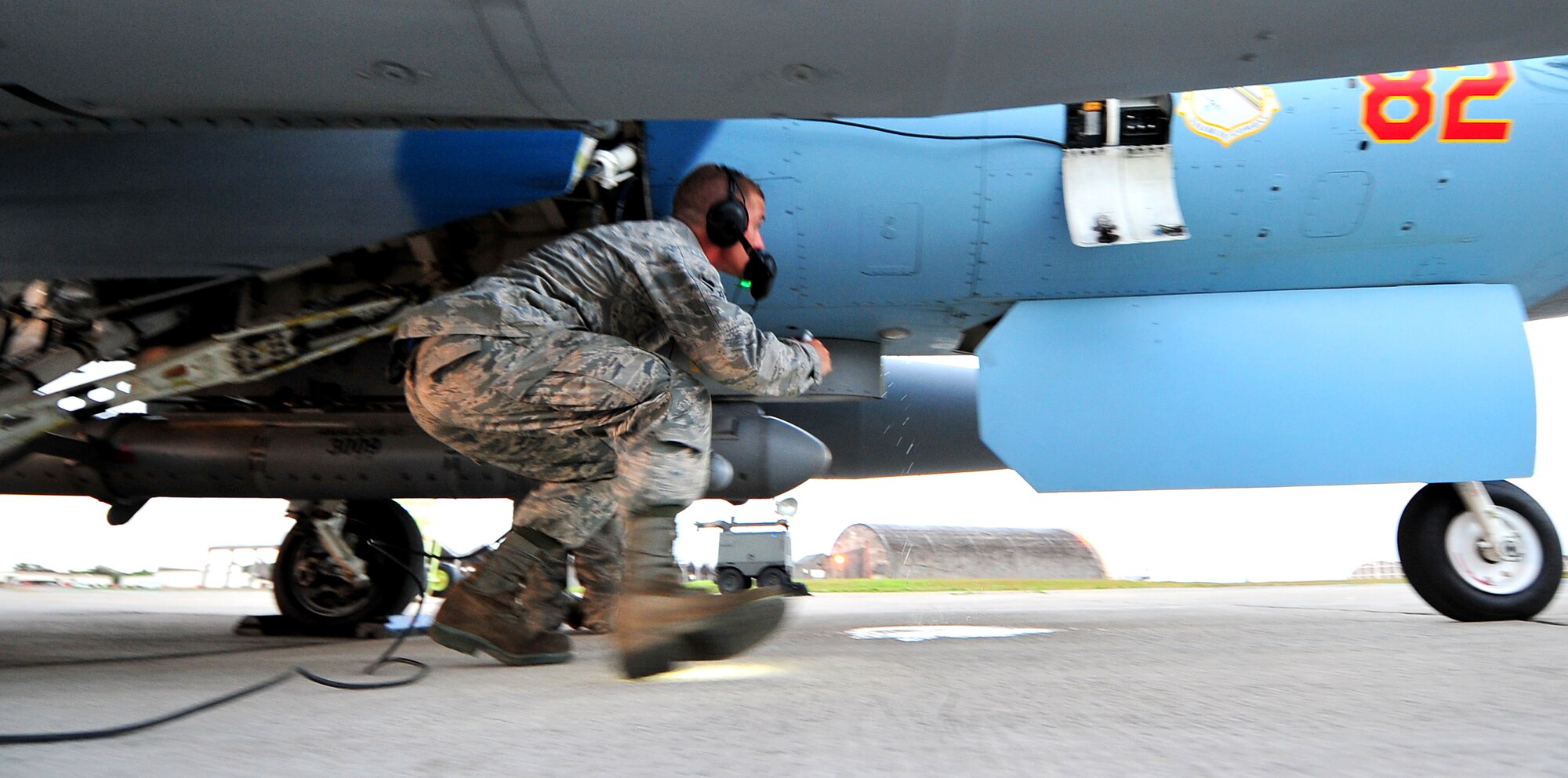 Airman 1st Class Justin Hodge from the 354th Aircraft Maintenance Squadron Eilson Air Force Base, Alaska makes his final checks on an F-16 Fighting Falcon before take-off Feb. 25. The 18th Aggressor Squadron participated as the 'red team' in a joint bilateral training with other U.S. forces and the Japan Air Self Defense Force from Feb. 22-26. The training involved joint planning and the execution of missions in simulated hostile scenarios in development of theater (U.S. Air Force photo/Tech. Sgt. Rey Ramon) 