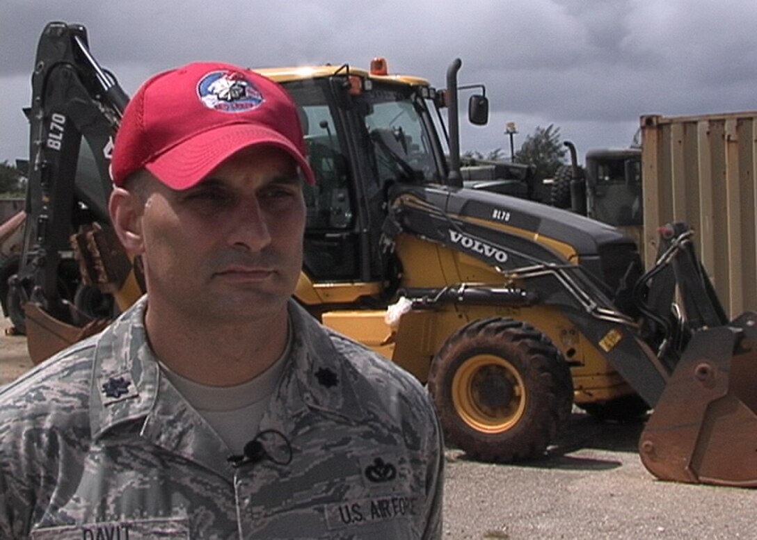 ANDERSEN AIR FORCE BASE, Guam - Lieutenant Colonel Anthony Davit, Commander 554th Red Horse Squadron, is interviewed outside of vehicle maitenance on Mar. 4. Lt. Col. Davit's unit was recentlly awarded the Robert H. Curtin Award, for best small civil engineering unit Air Force wide. (U.S. Air Force photo by Staff Sgt. Derrick Spencer)