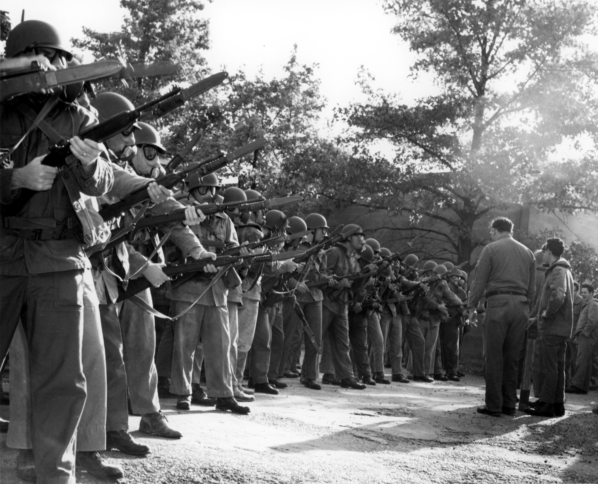 Members of the Maryland Air National Guard's 175th Tactical Fighter Group conduct riot control training in Havre de Grace, Md., in 1967.