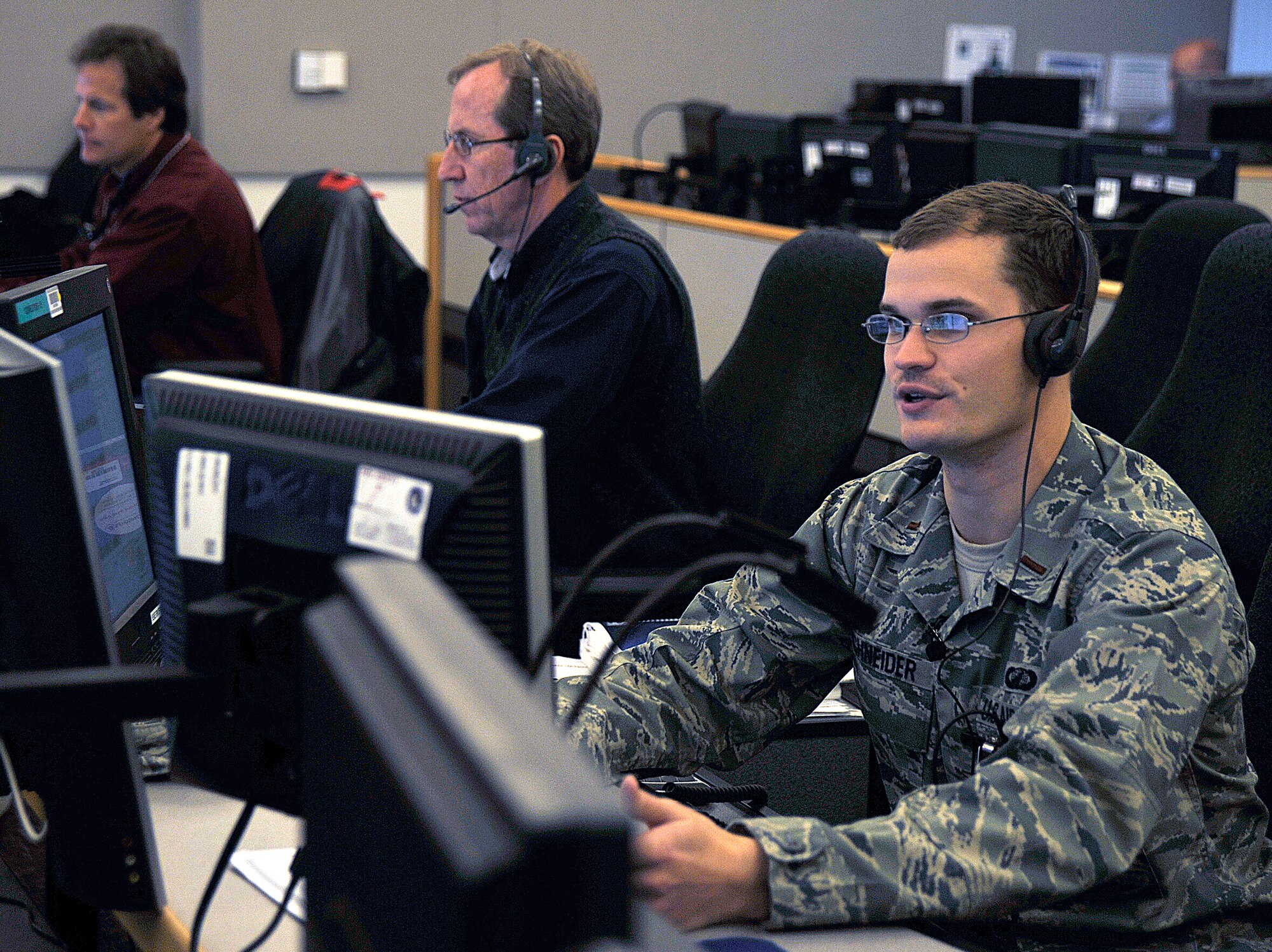 VANDNEBERG AIR FORCE BASE, Calif. -- 2nd Lt. Edward Schneider, a 4th Space Launch Squadron Delta IV vehicle engineer, monitors the Delta IV rocket here while shadowing the 45th Space Wing during a Delta IV medium-lift launch at Patrick Air Force Base, Fla., Thursday, March 4, 2010. The Delta IV rocket carries a Geostationary Operational Environmental Satellite - P. The GOES-P provides weather monitoring and prediction capabilities, communications subsystems to rebroadcasts data, and space environmental monitoring instruments and sensors.  Additionally, the satellite will provide more accurate information on the location of severe storms and other weather phenomena, resulting in earlier and more precise warnings to the public. The Delta IV launched at 6:57 p.m. EST. (U.S Air Force photo/Senior Airman Stephanie Longoria)
