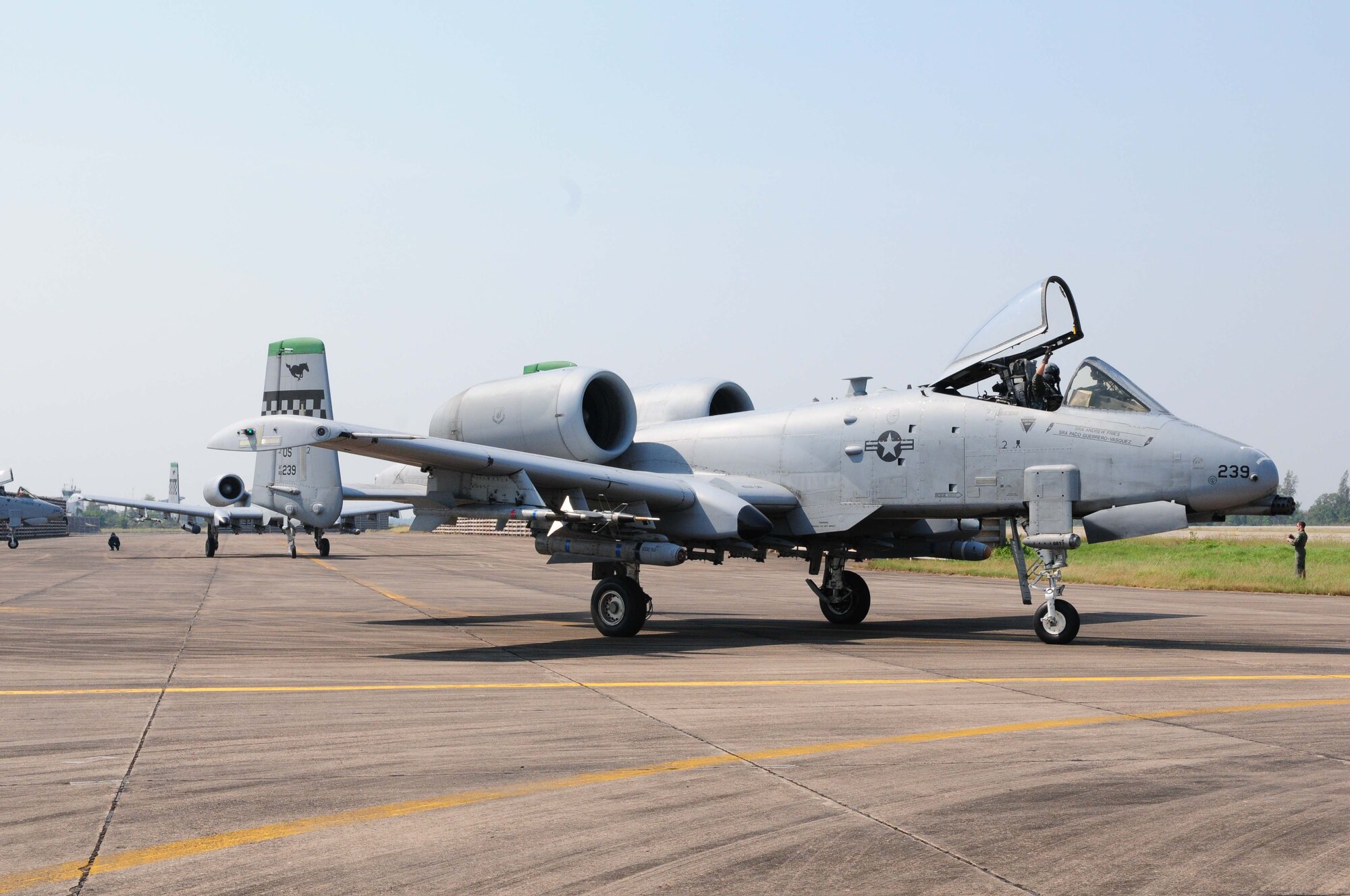 An A-10 Thunderbolt II taxis on the runway at Udon Thani Royal Thai Air Force Base, Thailand, on March 4 as part of Cope Tiger 2010.  Cope Tiger is an annual, multilateral field training exercise involving the U.S. Air Force, Royal Thai Air Force and Army, and the Republic of Singapore Air Force March 1-12.  (U.S. Air Force photo/Capt. Genieve David)