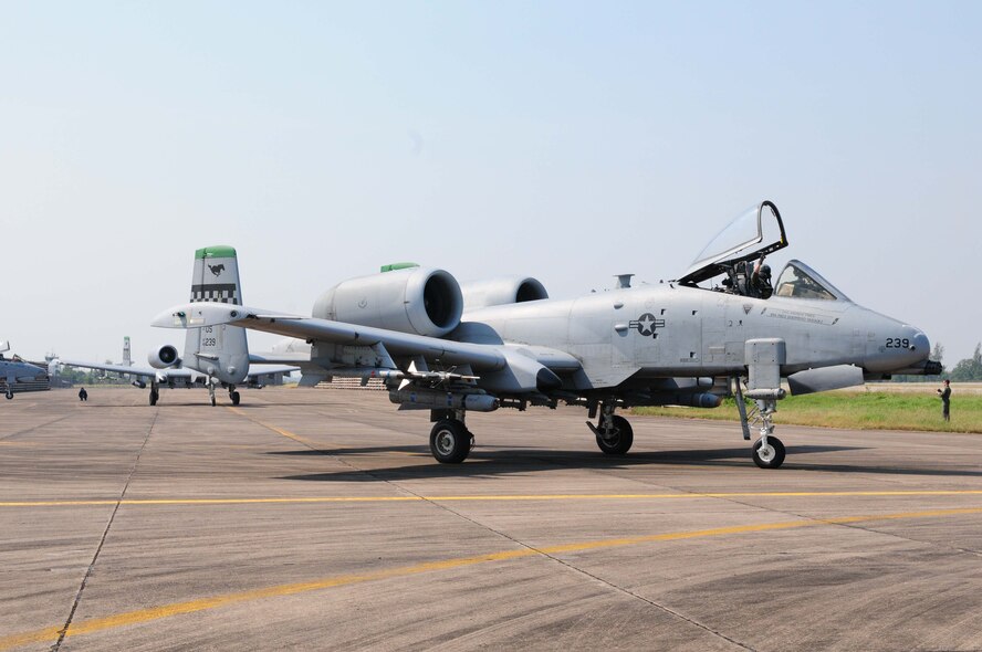 An A-10 Thunderbolt II taxis on the runway at Udon Thani Royal Thai Air Force Base, Thailand, on March 4 as part of Cope Tiger 2010.  Cope Tiger is an annual, multilateral field training exercise involving the U.S. Air Force, Royal Thai Air Force and Army, and the Republic of Singapore Air Force March 1-12.  (U.S. Air Force photo/Capt. Genieve David)