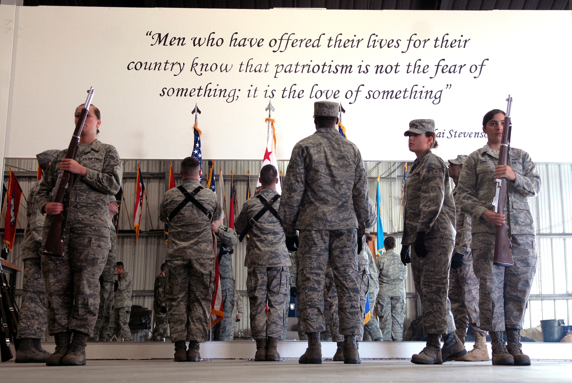 VANDENBERG AIR FORCE BASE, Calif. --  Vandenberg Honor Guard trainees practice posting the colors at the base honor guard facility here Wednesday, March 3, 2010.  During the ceremonial guardsmen training week, the trainees are taught teamwork, drill and rifle movements, and other Air Force ceremonial details.  (U.S. Air Force photo/Senior Airman Andrew Satran) 

 