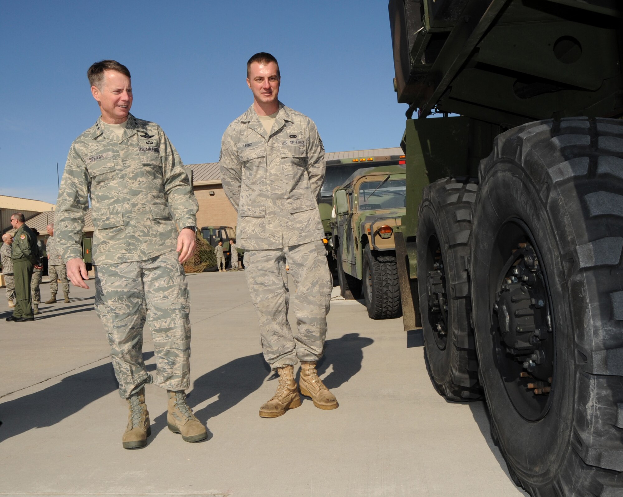 MOUNTAIN HOME AIR FORCE BASE, Idaho -- Staff Sgt. Michael Heinz, 726th Air Control Squadron vehicle maintenance apprentice, shows Lt. Gen. Glenn Spears, 12th Air Force commander, the M-1089 wrecker during his visit March 3. General Spears toured the base for the first time since taking command of 12th AF in 2009. (U.S. Air Force photo by Airman 1st Class Renishia Richardson)