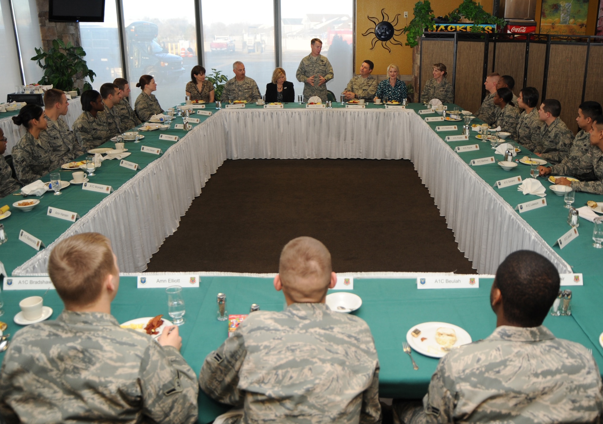 MOUNTAIN HOME AIR FORCE BASE, Idaho -- Lt. Gen. Glenn Spears, 12th Air Force commander, talks to the First Term Airmen class during his visit March 3. General Spears toured the base for the first time since taking command of 12th AF in 2009. (U.S. Air Force photo by Airman 1st Class Renishia Richardson) 