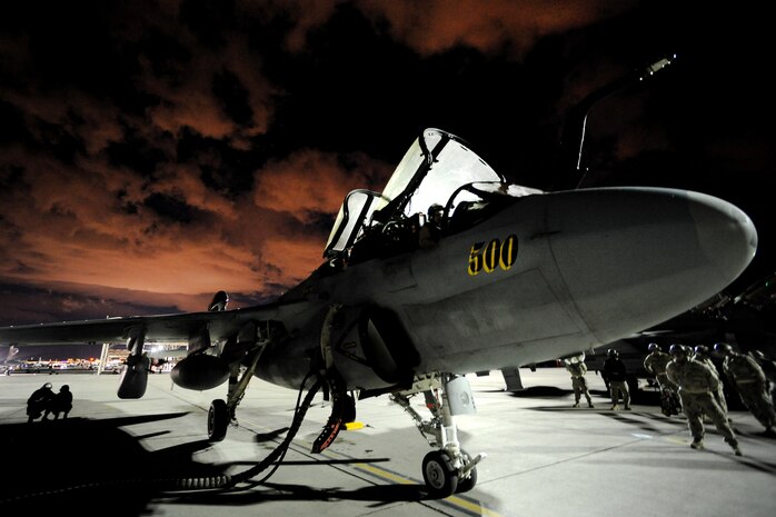 NELLIS AIR FORCE BASE, Nev. -- Sailors from the Tactical Electronic Warfare Squadron One Three Nine (VAQ-209) from Naval Air Facility Washington D.C. launch an EA-6B Prowler at Red Flag 10-3 March 2, 2010.  Red Flag is a realistic combat training exercise involving the air forces of the United States and its allies. The exercise is conducted on the 15,000-square-mile Nevada Test and Training Range, north of Las Vegas. (U.S. Air Force photo by Tech. Sgt. Michael R. Holzworth/RELEASED)