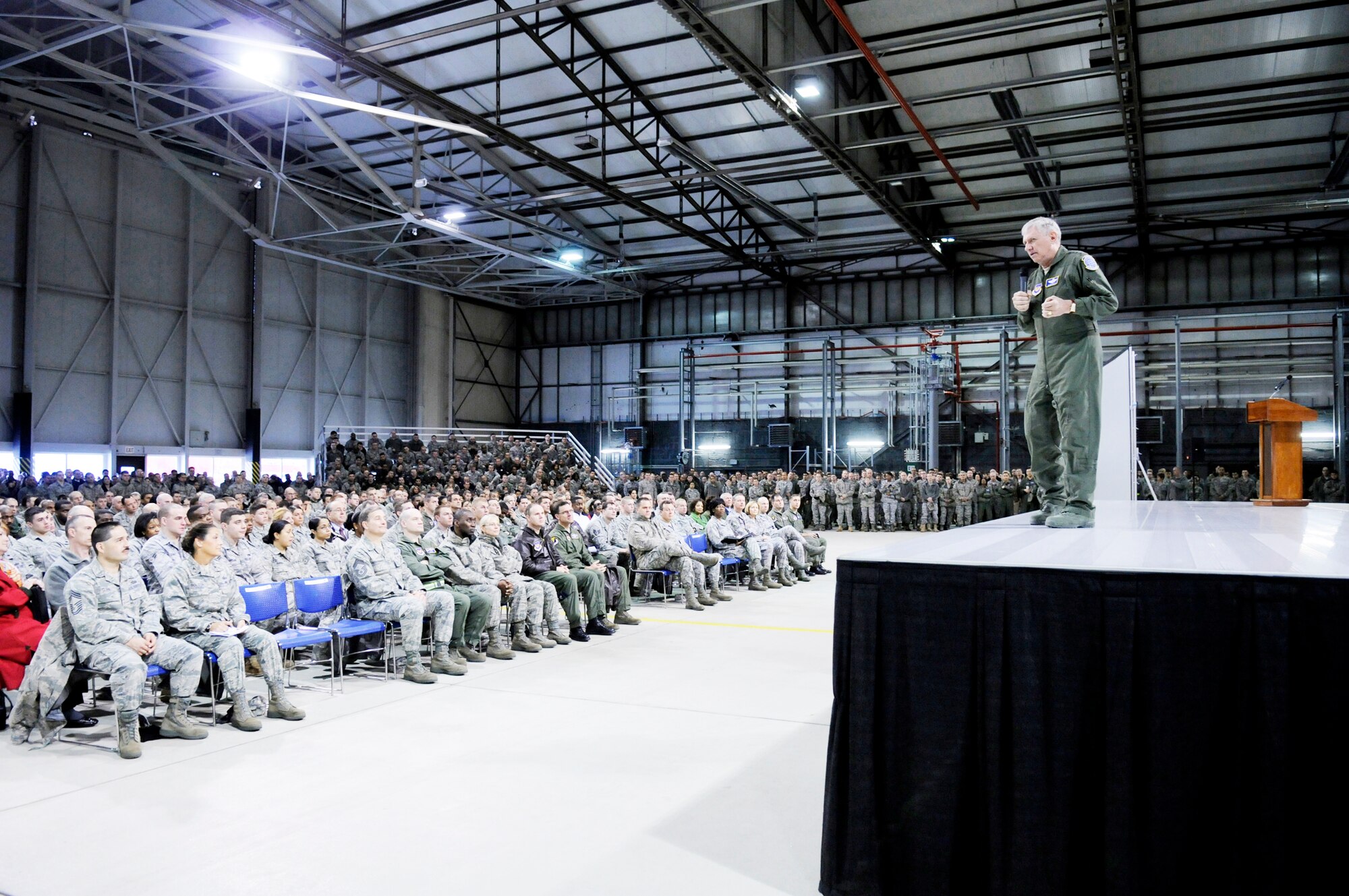 Gen. Roger A. Brady, U.S. Air Forces in Europe commander, speaks to members of the 86th Airlift Wing at Ramstein Air Base, Germany, during a wing-wide call March 2. During the meeting, General Brady focused on key messages regarding the future of the force. (U.S. Air Force photo/Airman 1st Class Brittany Perry) 