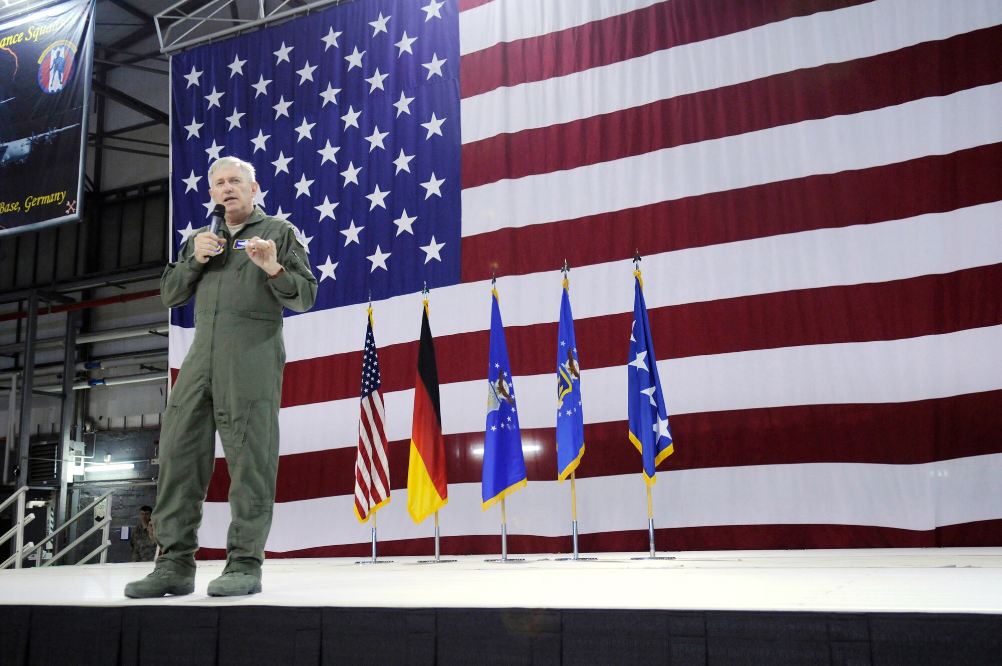 Gen. Roger A. Brady, U.S. Air Forces in Europe commander, speaks to members of the 86th Airlift Wing at Ramstein Air Base, Germany, during a wing-wide call March 2. During the meeting, General Brady focused on key messages regarding the future of the force. (U.S. Air Force photo/Airman 1st Class Brittany Perry) 