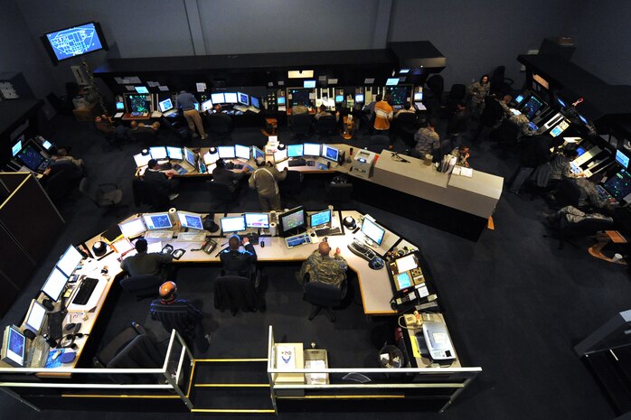 NELLIS AIR FORCE BASE, Nev. The Nellis Air Traffic Control Facility ensures the safety of aircraft departing and recovering Nellis from the 15,000-square-mile Nevada Test and Training Range, north of Las Vegas. The assigned controllers are participating in Red Flag 10-3.  Red Flag is a realistic combat training exercise involving the air forces of the United States and its allies. (U.S. Air Force photo by Lawrence Crespo/RELEASED)