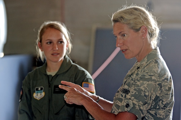 Brig. Gen. Dana Born speaks to a group of cadets, including Cadet 3rd Class Erika Martin from Cadet Squadron 08, during a visit to the Academy's Unmanned Aerial System-Remotely Piloted Aircraft training program at Fort Carson July 23, 2009. General Born is a 1983 graduate of the Academy and the first female dean of the faculty. (U.S. Air Force photo/Mike Kaplan)