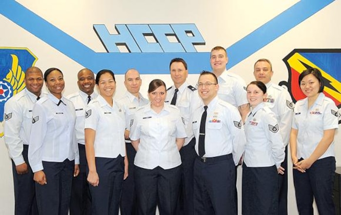 The Hill Air Force Base Control and Command Post took top Air Force Material Command honors in the large command post category for 2009. From left to right HCCP personnel are: Staff Sgt. Charles Poole, Senior Airman Toccara Survillion, Senior Master Sgt. Robert Bush, Staff Sgt. Jeannie Ruzek, Master Sgt. Bruce Valk, Staff Sgt. Victoria Trice, Lt. Col. Michael Poggi, Staff Sgt. Rodolfo Garza, Airman 1st Class Cody Anderson, Staff Sgt. Jamie Hamilton, Tech Sgt. Michael Trekas and Senior Airman Esther Park. 