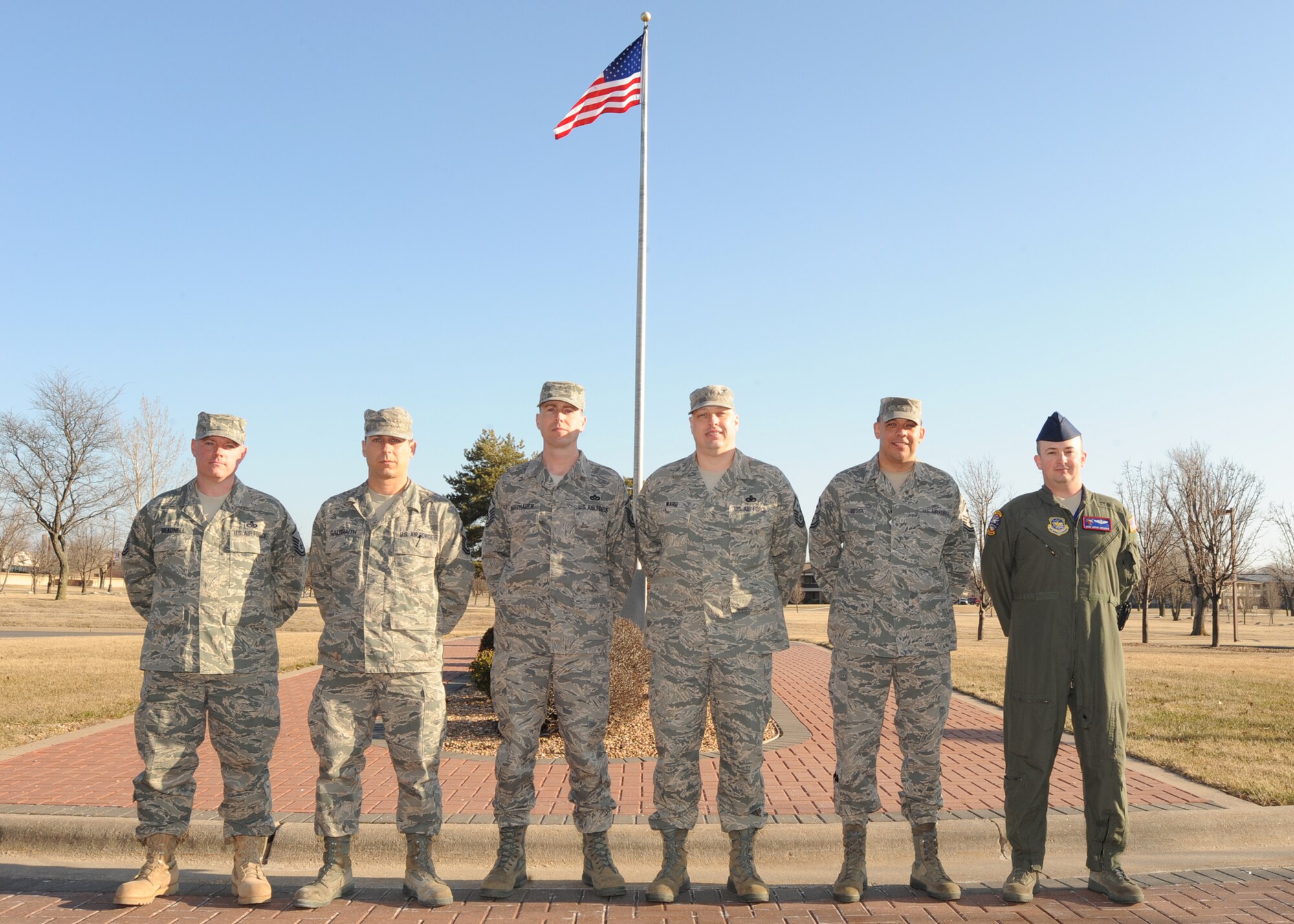 Meet Team McConnell’s newest senior master sergeant selects: Master Sgts. Toby Beadnell, Stephen Galbraith, Jeremy Kitzhaber, Brian Ward, Nathan Mesta, and Justin Johansen. Not pictured: Master Sgt. Michael Wilsey. (U.S. Air Force Photo/Senior Airman Maria Ruiz)