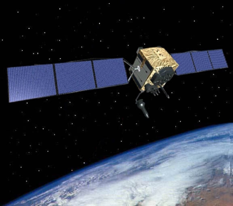 The Global Positioning System IIF satellite, developed and built by Boeing, is the next generation of GPS space vehicle.  (U.S. Air Force graphic)