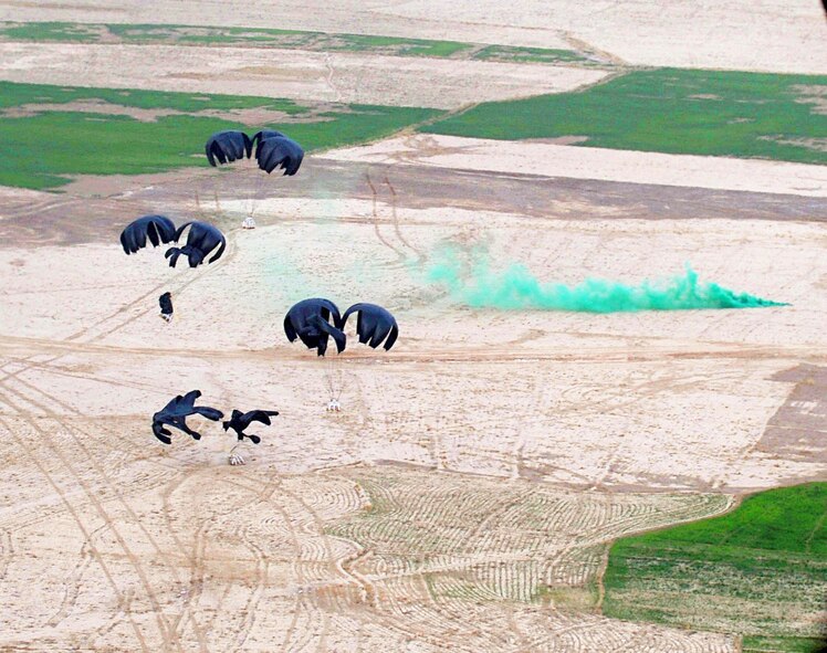 Four low-cost low-altitude resupply bundles are airdropped from a C-130 Hercules Feb. 6, 2010, in Afghanistan. (U.S. Air Force photo/Staff Sgt. Angelita Lawrence) 
