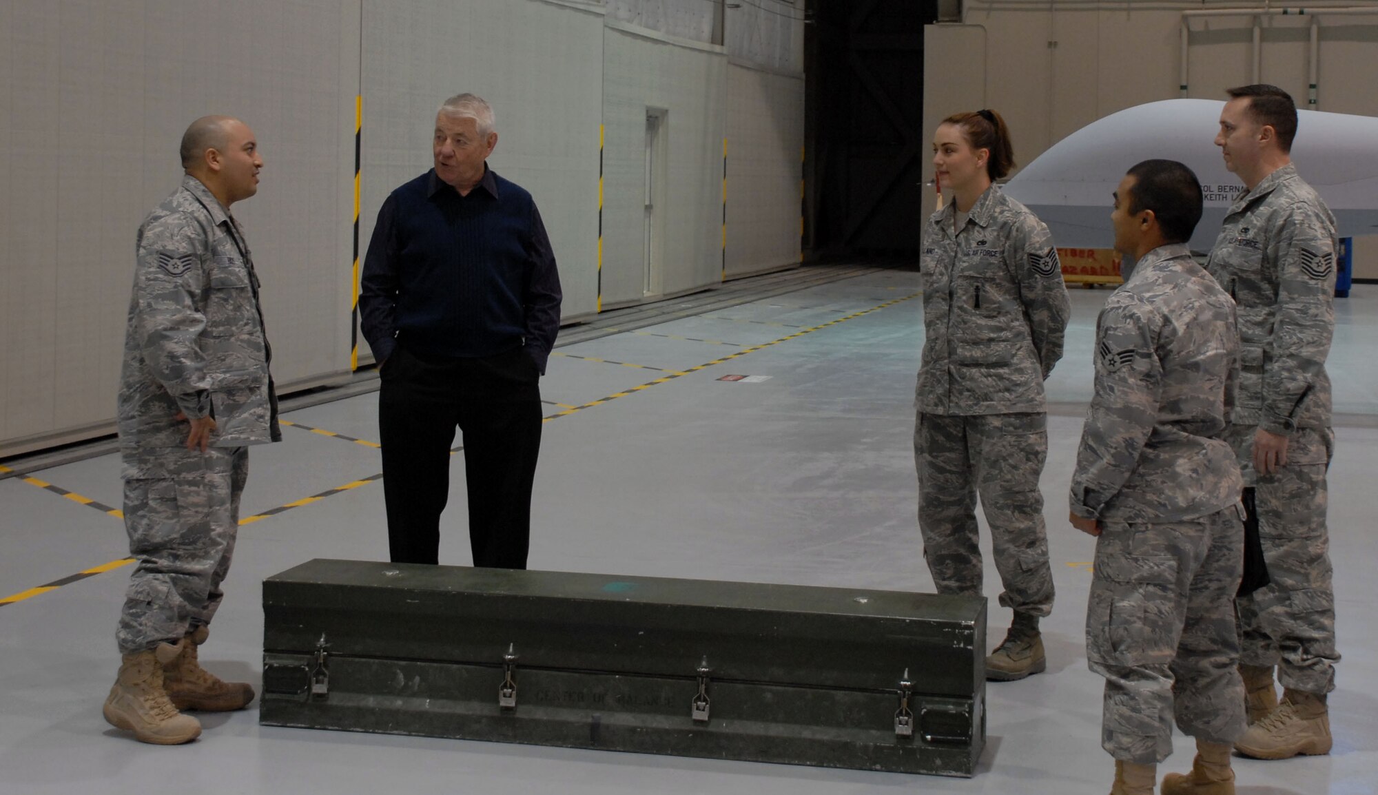 CREECH AFB, Nev. -- Former Chief Master Sergeant of the Air Force Robert Gaylor, meets Airmen assigned to the 432d Aircraft Maintenance Squadron, here Feb 25. Chief Gaylor was the fifth Chief Master Sergeant of the Air Force. (U.S. Air Force photo/1st Lt. Kevin Milgram) 