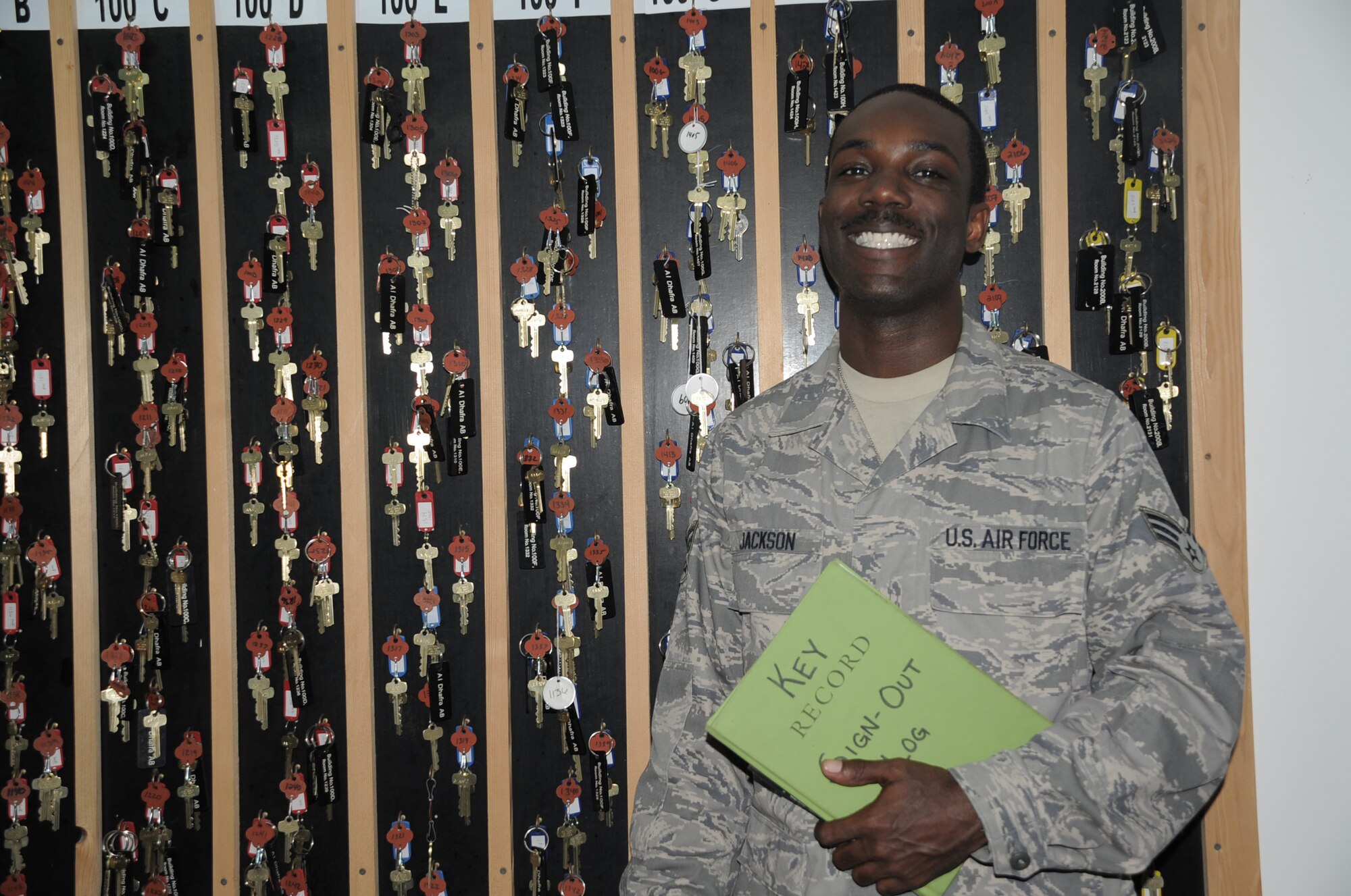 Senior Airman Robert Q. Jackson inventories sign out keys at the 380th Expeditionary Force Support Squadron lodging facility at a non-disclosed base in Southwest Asia. Airman Jackson serves as the front desk manager for the facility. He is deployed from the 127th Force Support Squadron at Selfridge Air National Guard Base, Mich., and his hometown is Detroit, Mich. The 380th EFSS is a part of the 380th Air Expeditionary Wing which supports operations Iraqi Freedom and Enduring Freedom and the Combined Joint Task Force-Horn of Africa. (U.S. Air Force Photo/Master Sgt. Scott T. Sturkol/Released)