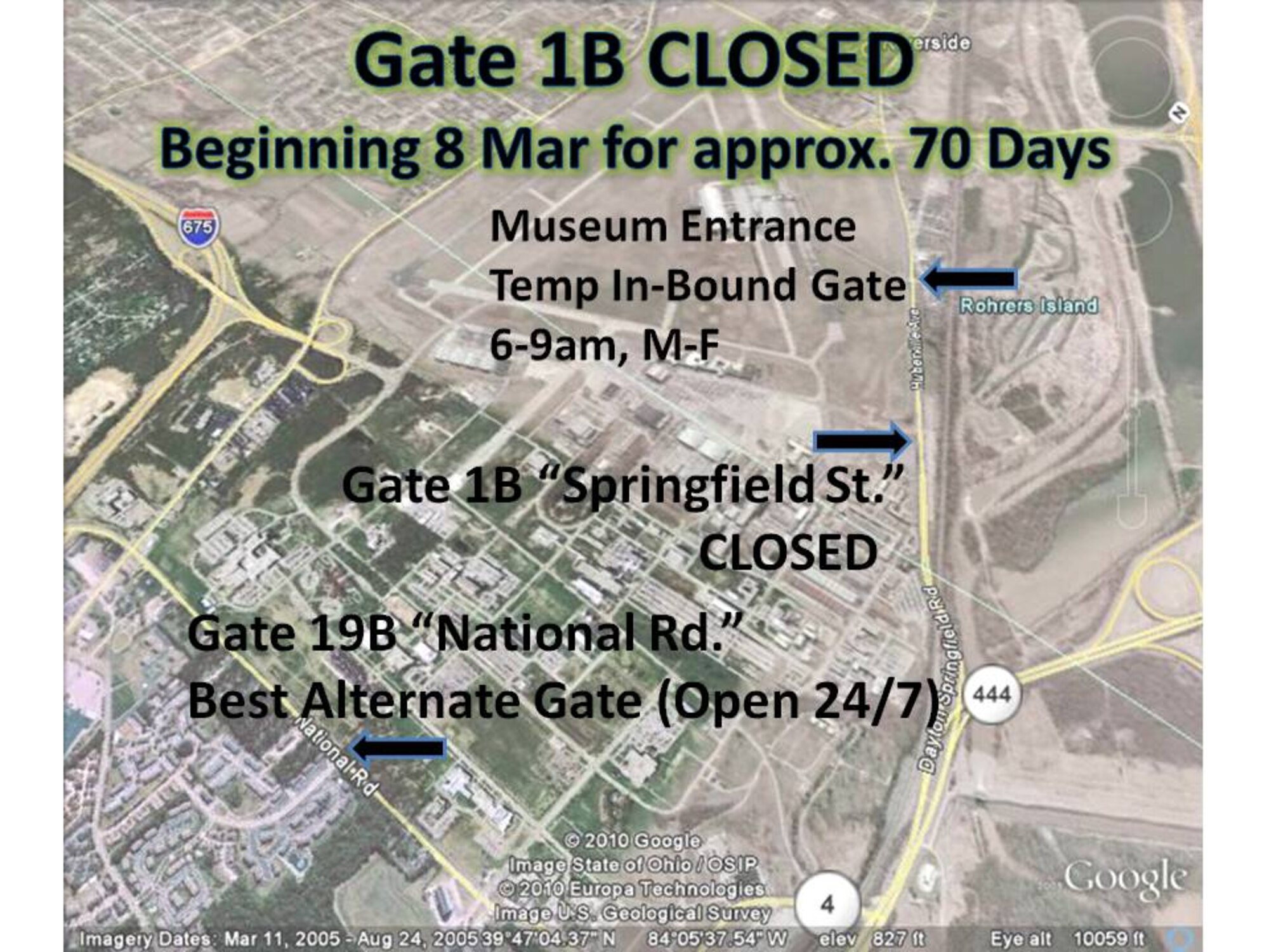 Base employees that use 1B are asked to use 19B and 22B.  However, the gate located at the National Museum of the United States Air Force entrance will be open from 6 - 9 a.m., Monday-Friday, for inbound traffic only.  Those who travel from Area A/C to Area B should note that the traffic light at the Museum entrance does not have a left turn only signal and may not be able to accommodate a large influx of traffic.  These personnel are urged to use Gate 19B on National Road as a quicker and safer option. For accessing Area B after normal duty hours, Gate 19B will remain the official 24-hour gate.