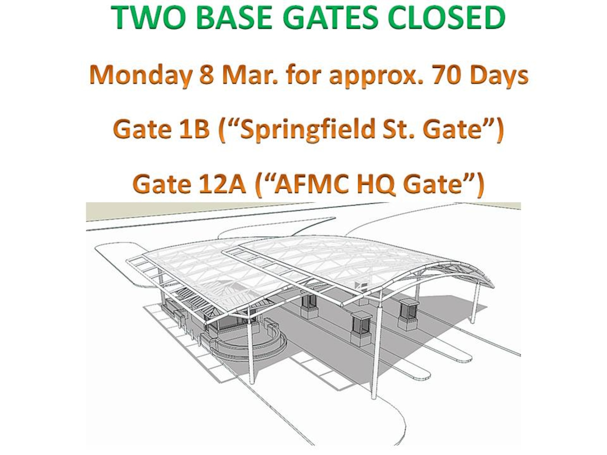 Alternate gates will open Mar. 8 to help traffic flow during peak hours due to the closure of Gate 12A, (off SR 444, adjacent to AFMC Headquarters in Area A), and Gate 1B, (off Springfield Rd. in Area B).