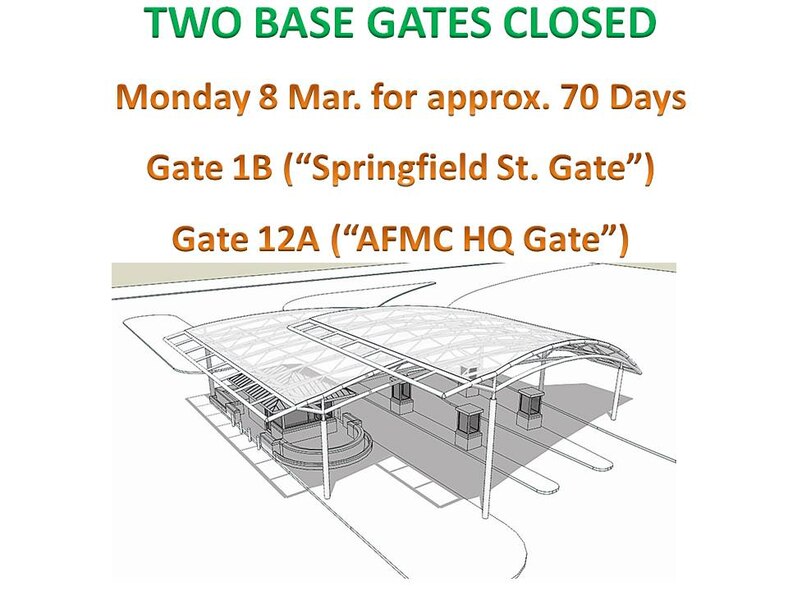 Alternate gates will open Mar. 8 to help traffic flow during peak hours due to the closure of Gate 12A, (off SR 444, adjacent to AFMC Headquarters in Area A), and Gate 1B, (off Springfield Rd. in Area B).