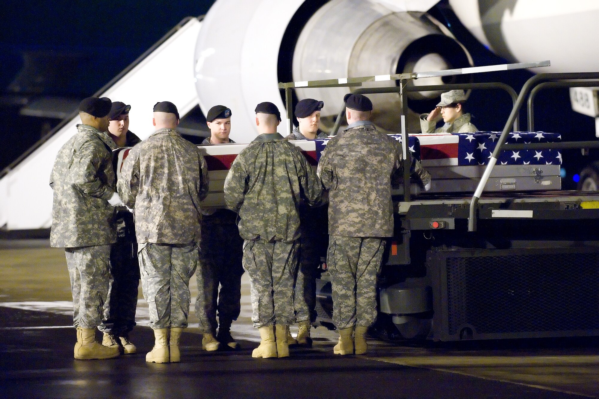 2 March 2010  USAF Photo by Jason Minto.  A U.S. Army carry team transfers the remains of Army Staff Sgt. William S. Ricketts of Corinth, MS at Dover Air Force Base, Del., Mar 2, 2010.  He was assigned to the 1st Battalion, 508th Parachute Infantry Regiment, 4th Brigade Combat Team, 82nd Airborne Division, Fort Bragg, N.C.