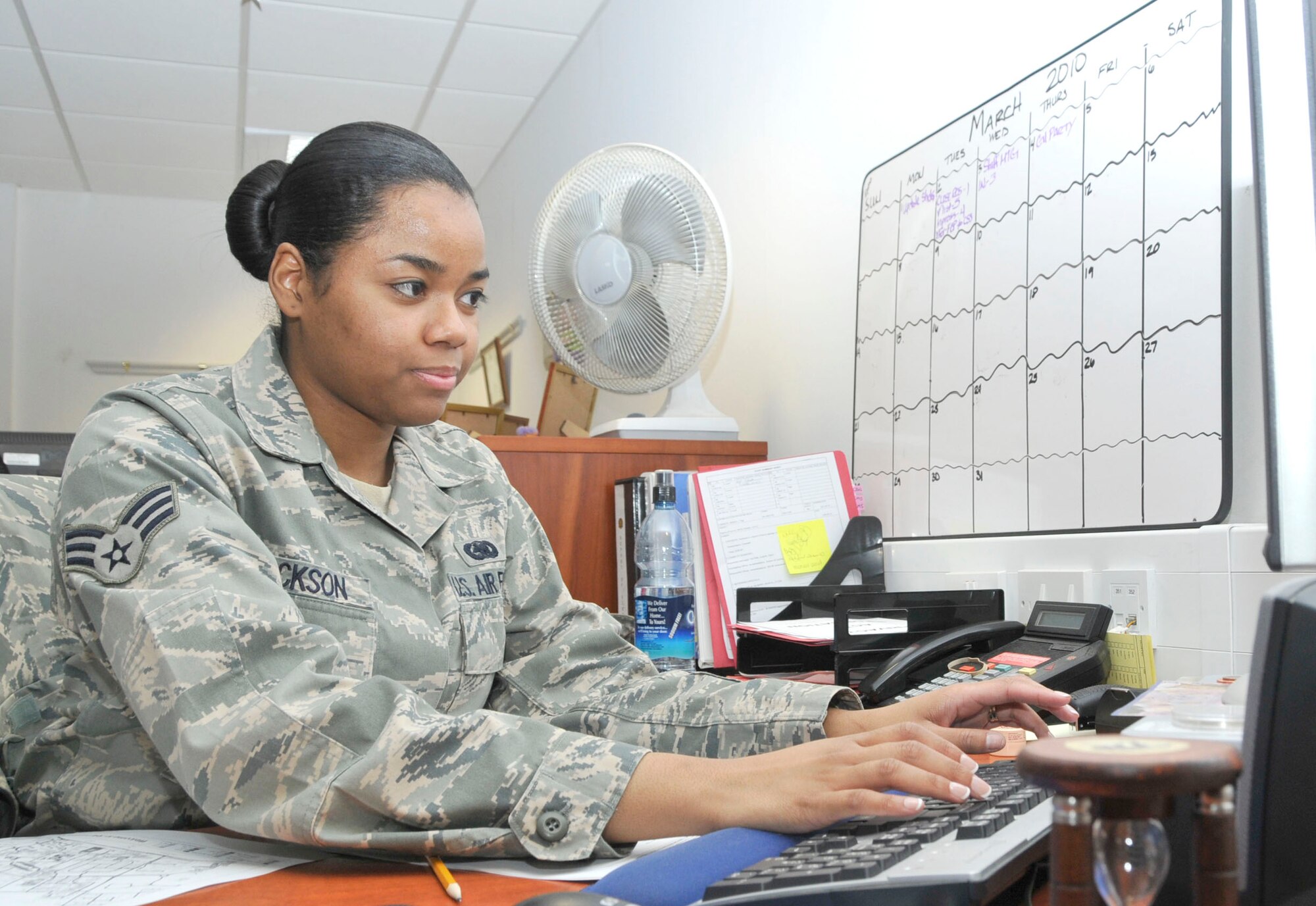 Senior Airman Latresha Jackson,48th Logistics Readiness Squadron wing report of survey monitor, checks on reports Mar. 3 at RAF Lakenheath, England. Airman Jackson was selected for liberty spotlight because she displayed the core value of 'Excellence in All We Do'. (U.S. Air Force photo/Airman 1st Class Eboni Knox)

