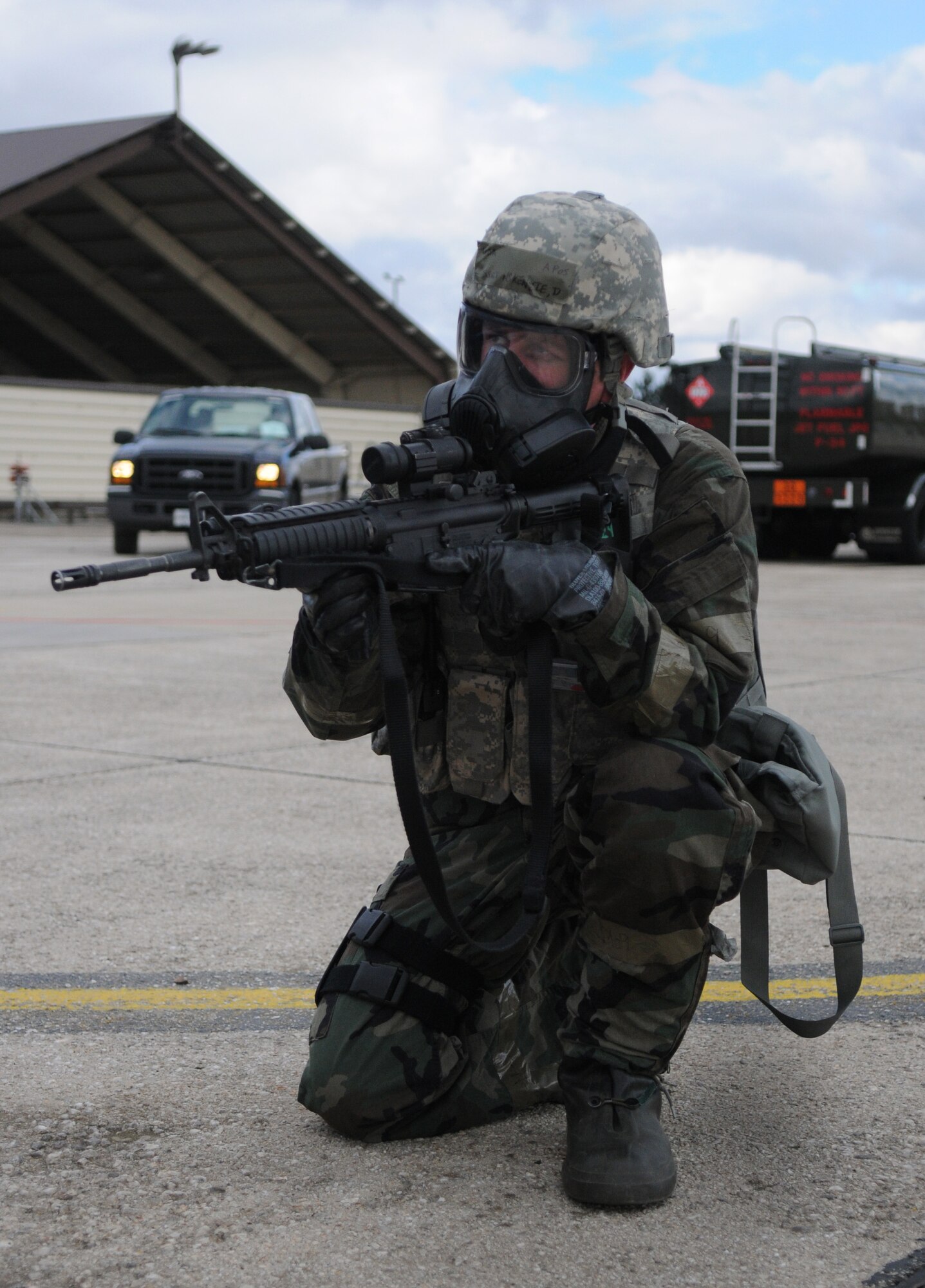 SPANGDAHLEM AIR BASE, Germany – Staff Sgt. Donald McKenzie, 52nd Security Forces Squadron, responds to a simulated vehicle-borne improvised explosive device during Operation Saber Crown 10-04 March 1. The Phase II exercise evaluated the wing’s emergency response and Chemical, Biological, Radiological, Nuclear, and Explosive Events procedures to prepare for the upcoming NATO force evaluation. (U.S. Air Force photo/Airman 1st Class Staci Miller)