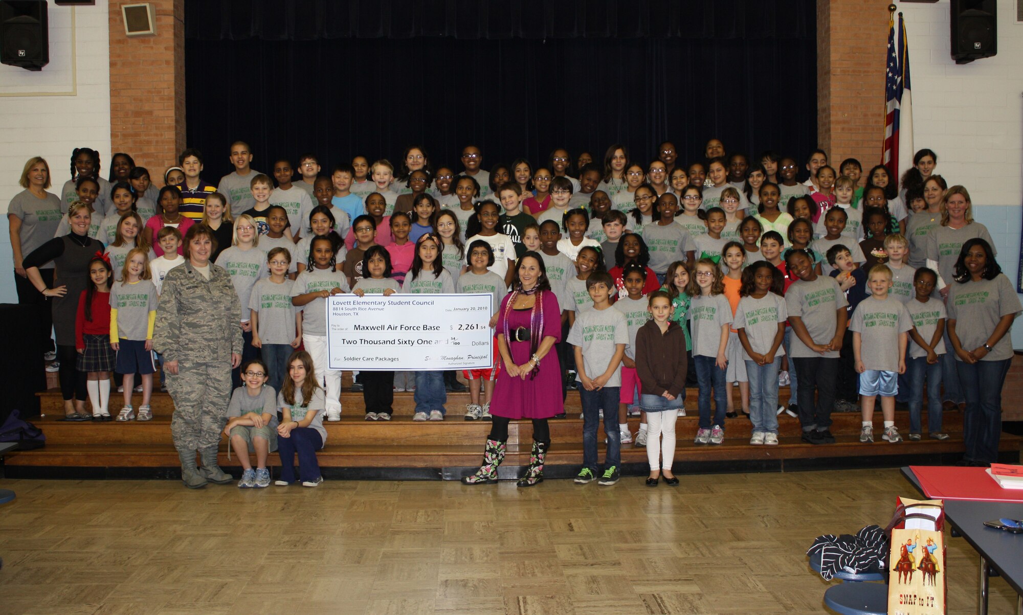 The Lovett Elementary Student Council in Houston, Texas, raised money in support of troops deployed to Haiti in February 2010. The money was used to purchase care packages which they sent recently to supply the troops with much-needed personal supplies that they were running low on. (Courtesy photo)