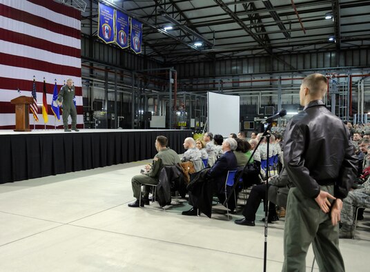 Gen. Roger A. Brady, U.S. Air Forces in Europe commander, opened the floor for questions after addressing members of the 86th Airlift Wing at Ramstein Air Base Germany, during a wing-wide call March 2. The general has been in command of USAFE since January of 2008. Though a frequent customer of many of the services the wing provides due to his residency here, the general's visit to the wing this time was special as it focused on recognizing various wing Airmen and relaying key messages in regards to the future of the force. (U.S. Air Force Photo by: Airman 1st Class Brittany Perry) 