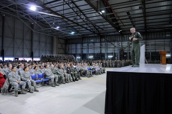 Gen. Roger A. Brady, U.S. Air Forces in Europe commander, addresses members of the 86th Airlift Wing at Ramstein Air Base Germany, during a wing-wide call March 2. The general has been in command of USAFE since January of 2008. Though a frequent customer of many of the services the wing provides due to his residency here, the general's visit to the wing this time was special as it focused on recognizing various wing Airmen and relaying key messages in regards to the future of the force. (U.S. Air Force Photo by: Airman 1st Class Brittany Perry) 
