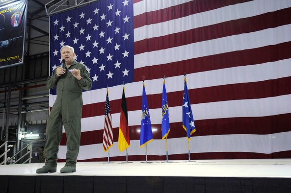 Gen. Roger A. Brady, U.S. Air Forces in Europe commander, speaks to the 86th Airlift Wing at Ramstein Air Base, Germany, during a wing-wide call March 2. The general has been in command of USAFE since January of 2008. Though a frequent customer of many of the services the wing provides due to his residency here, the general's visit to the wing this time was special as it focused on recognizing various wing Airmen and relaying key messages in regards to the future of the force. (U.S. Air Force Photo by: Airman 1st Class Brittany Perry) 
