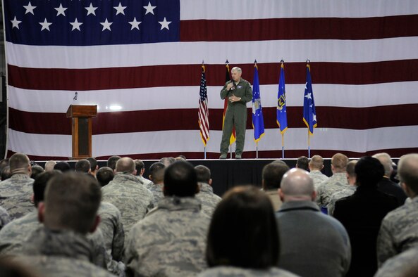 Gen. Roger A. Brady, U.S. Air Forces in Europe commander, speaks to the 86th Airlift Wing at Ramstein Air Base, Germany, during a wing-wide call March 2. Though a frequent customer of many of the services the wing provides due to his residency here, the general's visit to the wing this time was special as it focused on recognizing various wing Airmen and relaying key messages in regards to the future of the force. (U.S. Air Force Photo by: Airman 1st Class Brittany Perry) 

