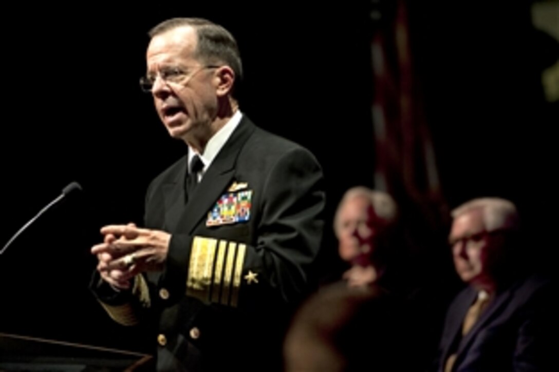 U.S. Navy Adm. Mike Mullen, chairman of the Joint Chiefs of Staff, addresses the audience at Kansas State University’s Landon Lecture Series in Manhattan, Kan., March 3, 2010.