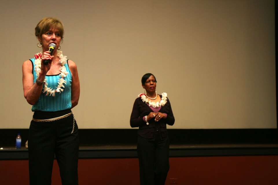 (From left to right) Annette Conway and Liz Kent, the commandant and sergeant major of the Marine Corps' wives, respectively, speak with military spouses Mar. 5 at the Marine Corps Base Hawaii Kaneohe Bay Theater.  A major concern among her audience was Furlough Friday's and the education in Hawaii compared to the rest of the United States.