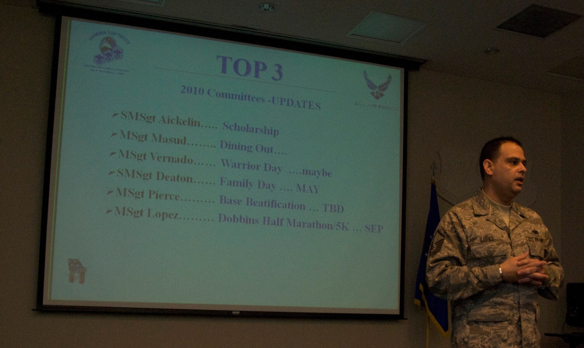 Dobbins Top Three Association president, Tech. Sgt. Larry Lopez, discusses the future of base Top Three activities during the February unit training assembly meeting.  (U.S. Air Force photo/Master Sgt. Stan Coleman)