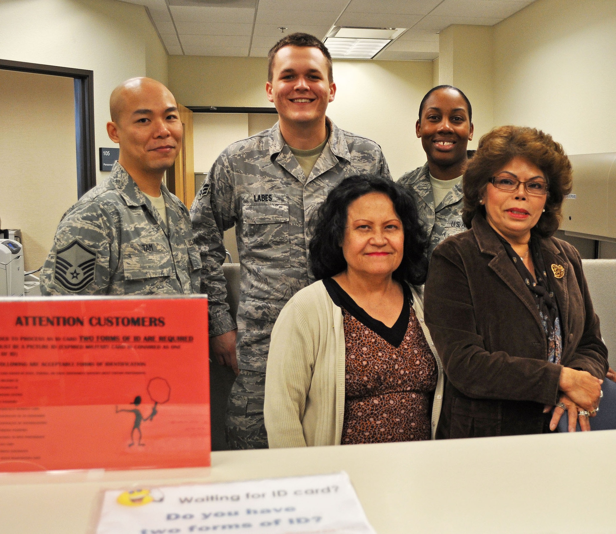 TRAVIS AIR FORCE BASE, Calif. -- The smiling team in the 349th Mission Support Squadron Customer Service Section  are a welcome sight for Airmen and their families needing identification cards or help with their various personnel records. Beginning March 15, ID cards will be issued by appointment only. All other services remain on a walk-in basis. Appointments for ID cards include all 349th Air Mobility Wing personnel, military and civilian, dependents of military, and gray area retirees as well. Mon. - Fri., call 707-424-2345, between 8 a.m. and 3:30 p.m. for an appointment. On unit training assembly weekends, customer service remains on a walk-in basis for military. If a military dependent needs an ID card, an appointment would need to be scheduled for Sat. or Sun. Appointments must be set up in advance. Any other personnel need to contact the 60th Force Support Squadron Customer Service Section, 707-424-8483/8481, for assistance. Pictures from the top left, clockwise: Master Sgt. Danny Tam, Senior Amn. Ray Labes, Staff Sgt. Candie Simmons, Ms. Clara Curtis and Ms. Georgiana McClinton. (U.S. Air Force photo/Senior Master Sgt. Ellen L. Hatfield)