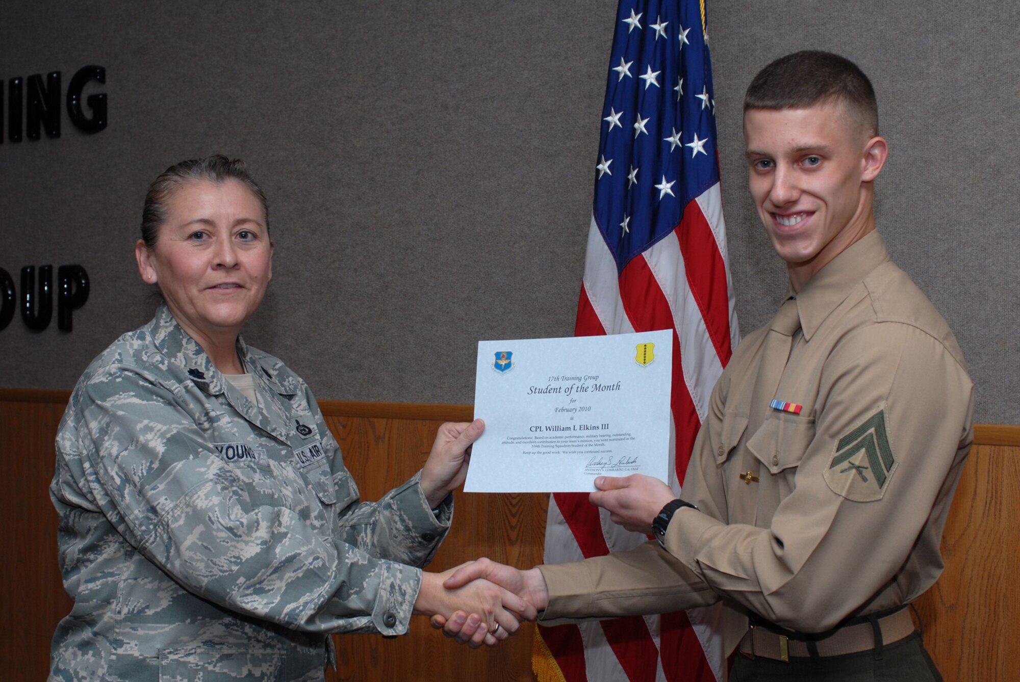 GOODFELLOW AIR FORCE BASE, Texas -- Marine Cpl. William Elkins III, 316th Training Squadron student of the month, Mar. 5, 2010. (U.S. Air Force photo/Staff Sgt. Laura R. McFarlane)