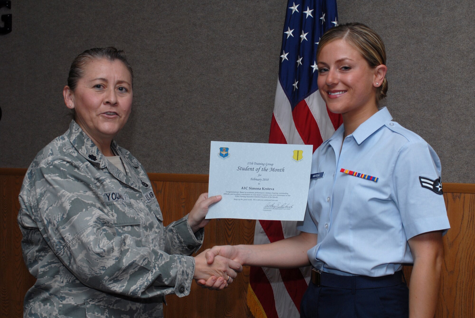 GOODFELLOW AIR FORCE BASE, Texas -- Airman 1st Class Simona Krsteva, 315th Training Squadron enlisted student of the month, Mar. 5, 2010. (U.S. Air Force photo/Staff Sgt. Laura R. McFarlane)
