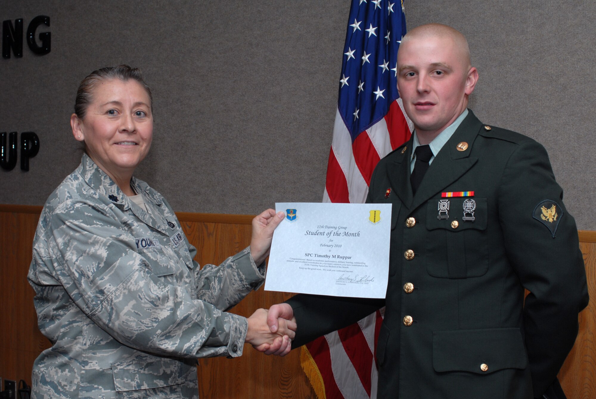 GOODFELLOW AIR FORCE BASE, Texas -- Army Spc. Timothy Ruppar, 312th Training Squadron student of the month, Mar. 5, 2010. (U.S. Air Force photo/Staff Sgt. Laura R. McFarlane)
