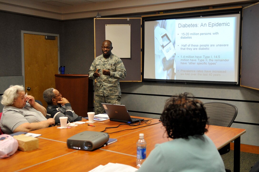 Captain Samuel Nokuri, a 779th Medical Operations Squadron internist specializing in diabetic education, teaches a class on diabetes awareness at Malcolm Grow Medical Center March 2, 2010 at Joint Base Andrews, Md. The class, one of a two part series, focuses on everything a diabetic needs to know from what to eat, possible complications of the disease, medications and different management options. (U.S. Air Force photo by Staff Sgt. Renae L. Kleckner)