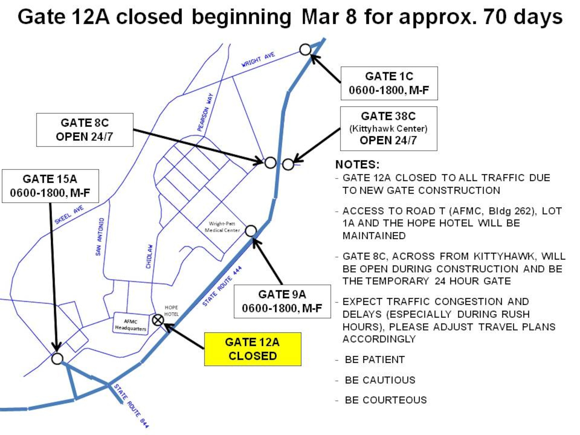 Personnel usually entering through gate 12A will have several options for entering areas A and C. Gates 9A and 15A will remain open from 6 a.m. – 6 p.m., Mon – Fri. Gate 8C will act as the 24-hour gate during the construction period. 
