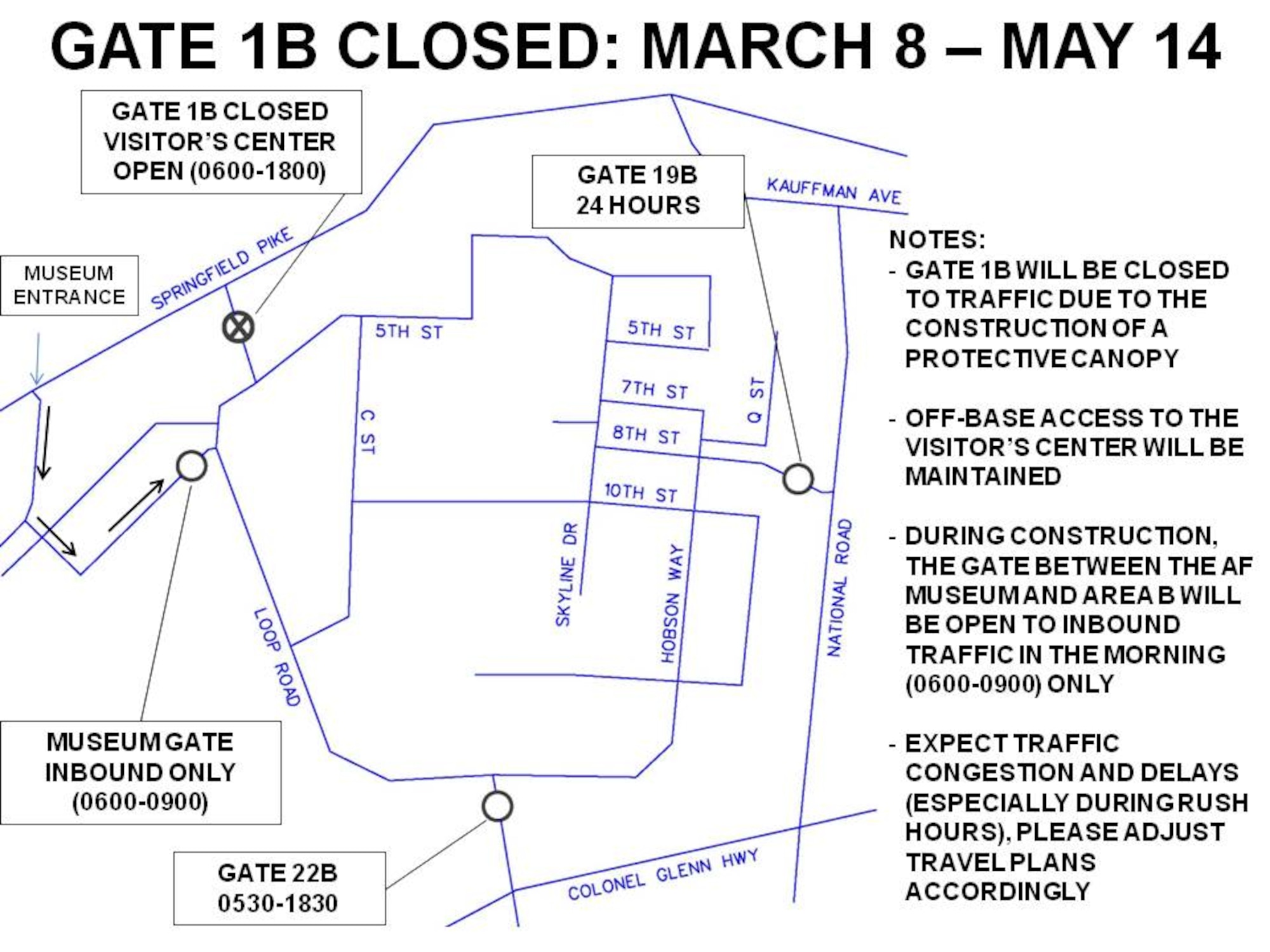 Base employees that use 1B are asked to use 19B and 22B. However, the gate located at the National Museum of the United States Air Force entrance will be open from 6 - 9 a.m., Monday-Friday, for inbound traffic only. Those who travel from Area A/C to Area B should note that the traffic light at the Museum entrance does not have a left turn only signal and may not be able to accommodate a large influx of traffic. These personnel are urged to use Gate 19B on National Road as a quicker and safer option. For accessing Area B after normal duty hours, Gate 19B will remain the official 24-hour gate.
