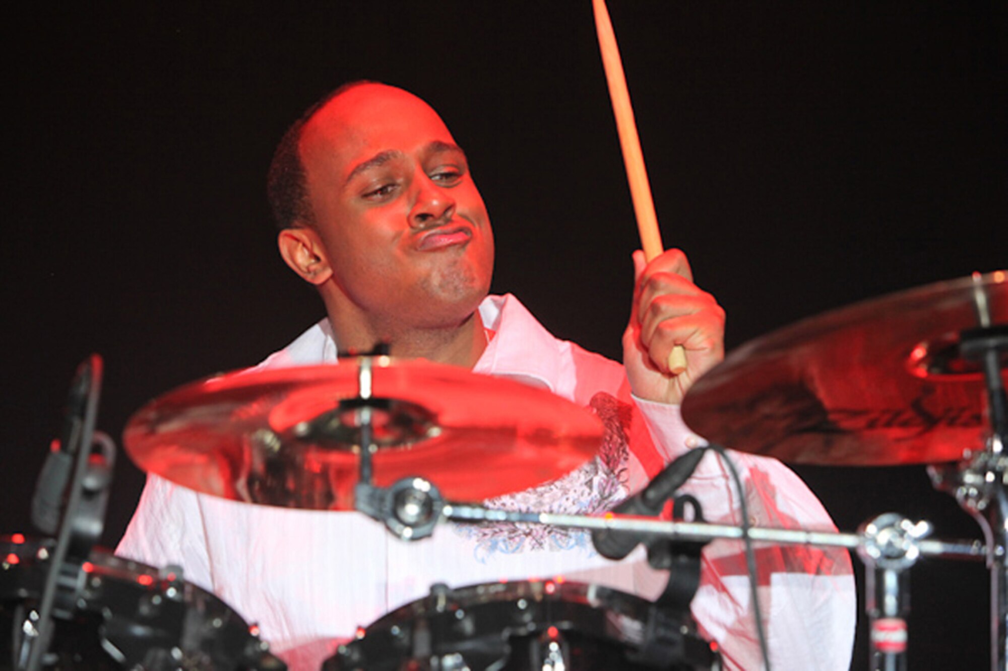 Airman 1st Class Breyson Robinson, 10th Missile Squadron missile chef, rocks out on the drums performing a medley of songs at the Air Force Worldwide Talent Contest at Lackland Air Force Base, Texas.  Of 74 contestests, he was one of 31 selected for the 2010 Tops and Blue team. (Courtesy photo)