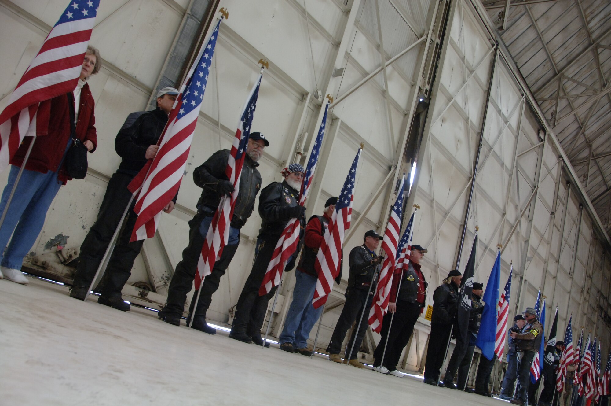 FAIRCHILD AIR FORCE BASE, Wash.--Members of the Patriot Guard, a local motorcycle club that sponsors military activities, prepares to greet members of the 141st Security Forces Flight at their return from Iraq here Feb. 25. (U.S. Air Force photo / SSgt Chad Watkins