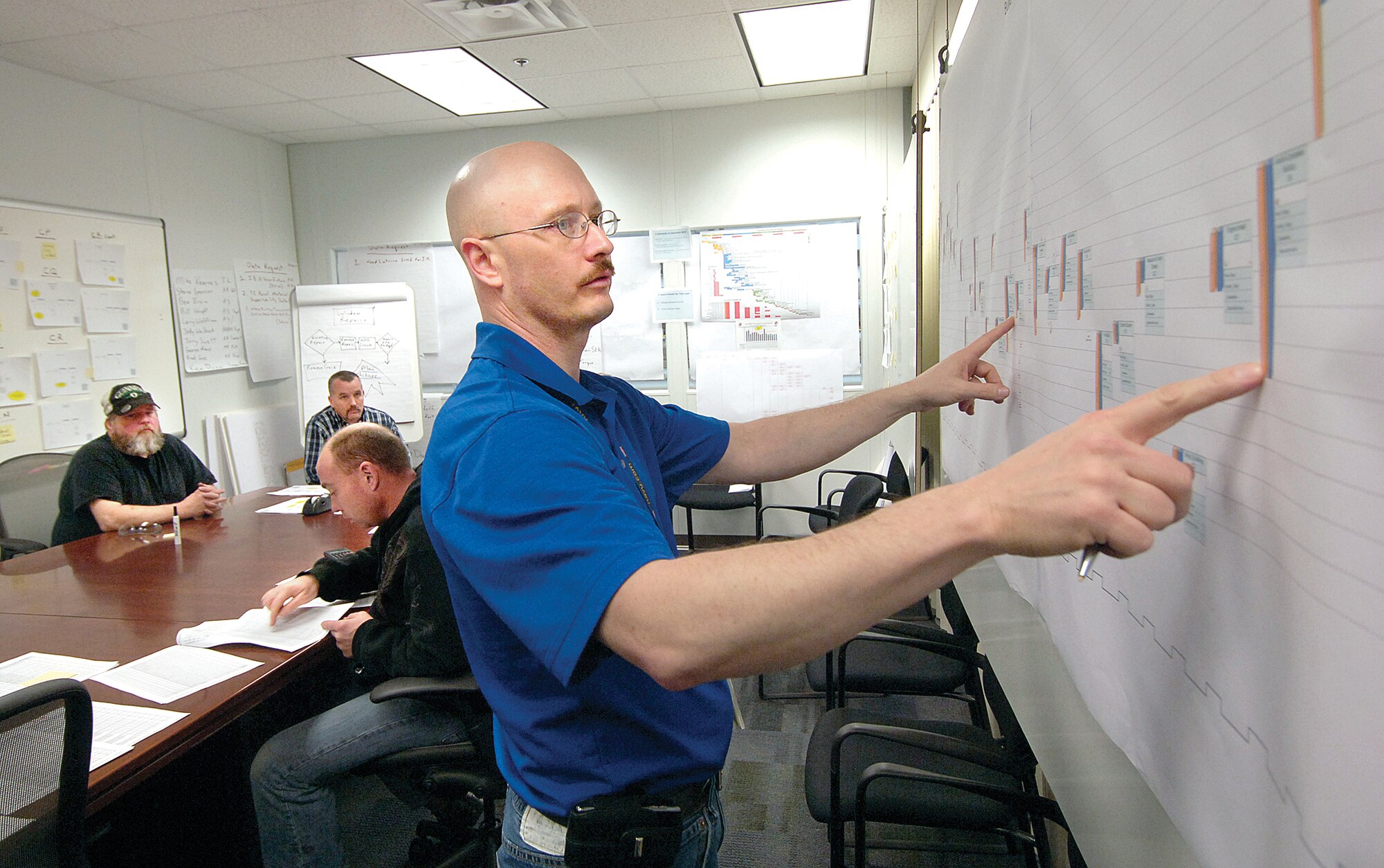 In a tanker speedy structures think tank meeting, workers comb through processes to carve time off of production and increase productivity. Kenny Dunn, a 76th Aircraft Maintenance Group transformation facilitator, reviews the Value Stream Map. Personnel from the 564th Aircraft Maintenance Squadron in the meeting included Jerry Swett, aircraft mechanic; Larry Wolffrum, planner; Shane Spencer, aircraft mechanic; and Ben Ervin, sheet metal mechanic. (Air Force photo by Margo Wright)
