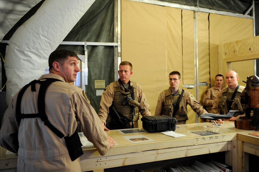 Lt. Col. Rob Weaver, director of operations of the 4th Expeditionary Reconnaissance Squadron and an MC-12W Liberty pilot, briefs a departing MC-12W aircrew prior to "stepping" to their aircraft for a mission,  Feb. 27, 2010, at Bagram Airfield, Afghanistan. The four-person MC-12 aircrews fly the aircraft, a modified King Air 350 commercial plane, designed to augment information gathered by other intelligence-collection capabilities operating in theater, by providing real-time full-motion video and signals information to help military leaders make battlefield decisions.(U.S. Air Force photo/Staff Sgt. Manuel J. Martinez/released)