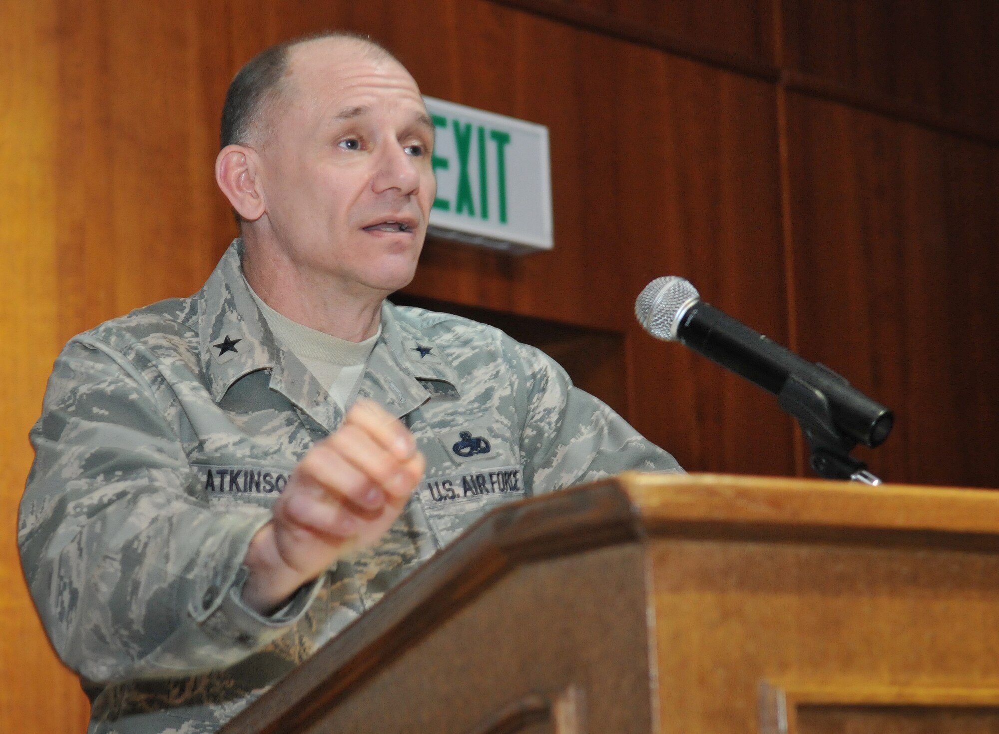 SPANGDAHLEM AIR BASE, Germany – Brig. Gen. Mark A. Atkinson, director of logistics, installations and mission support, Headquarters U.S. Air Forces in Europe, gives a speech during the 2009 52nd Fighter Wing Maintenance Professional of the Year awards banquet Feb. 27 at Club Eifel. General Atkinson was the guest speaker at the banquet and presented each of the nominees with a medal for their accomplishment. The banquet highlighted the 52nd Maintenance Group’s accomplishments including engine and hydrazine support throughout Europe, several Air Force Smart Operation initiatives, and numerous aircraft and equipment upgrades and modifications. The 52nd MXG also supported more than 10,000 homestation sorties and 28,000 flying hours, culminating in recognition as the best maintenance group in USAFE and winning the command’s 2009 Daedalian trophy. (U.S. Air Force photo/Airman 1st Class Nick Wilson)