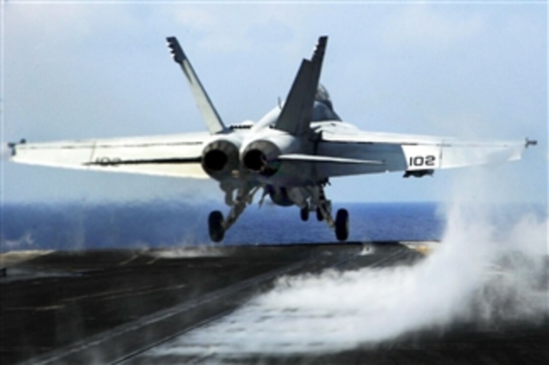 A U.S. Navy F/A-18E Super Hornet aircraft assigned to Strike Fighter Squadron 41 launches from the aircraft carrier USS Nimitz (CVN 68) while the ship is underway in the Sea of Japan on March 3, 2010.  